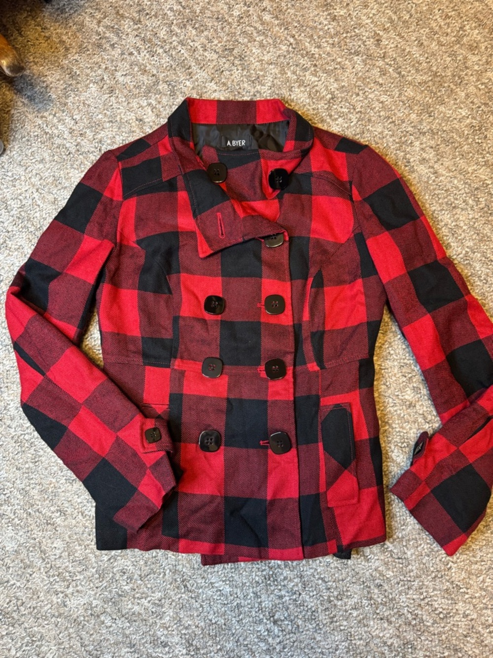 A. Byer Red and Black Plaid Double-Breasted Peacoat Jacket